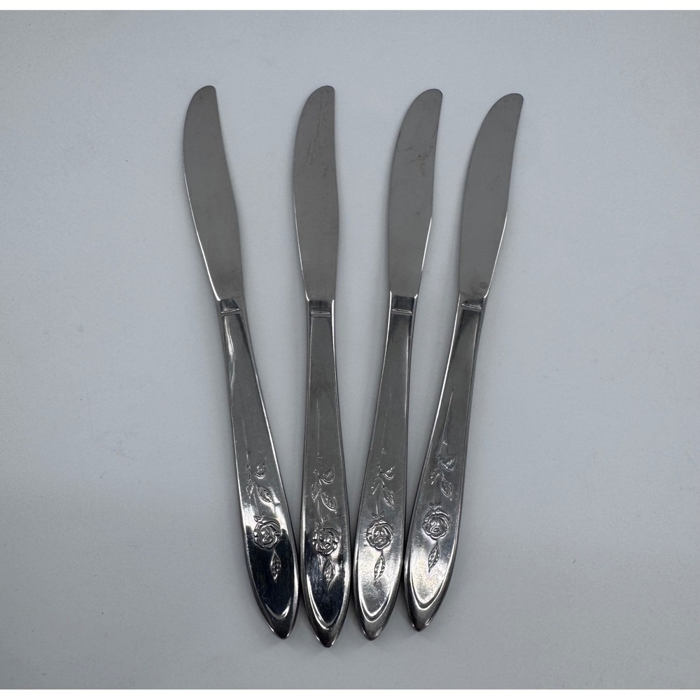 Oneida My Rose Dinner Knives Set of 4 Silver Rose Floral Stainless Flatware